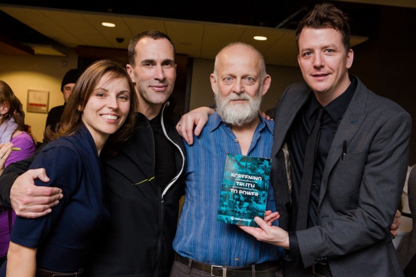 left to right at the Montreal book launch: Co-editor Svetla Turnin, contributor John Greyson, contributor and CP Board Member Thomas Waugh, and co-editor Ezra Winton. Image credit: Mimi Zhou.