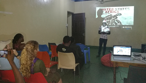 Mombasa based Hip-hop artist Ohm's Law Montana performing during the screening of UNITED STATES OF AFRICA.
