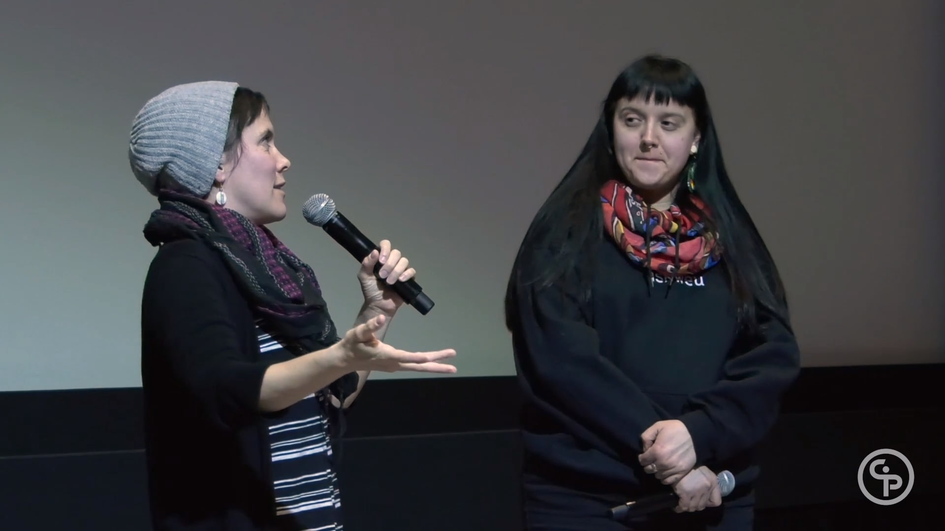 Still from Q&A with Dayna Danger and Sonia Bonspille-Boileau, screening of RUSTIC ORACLE