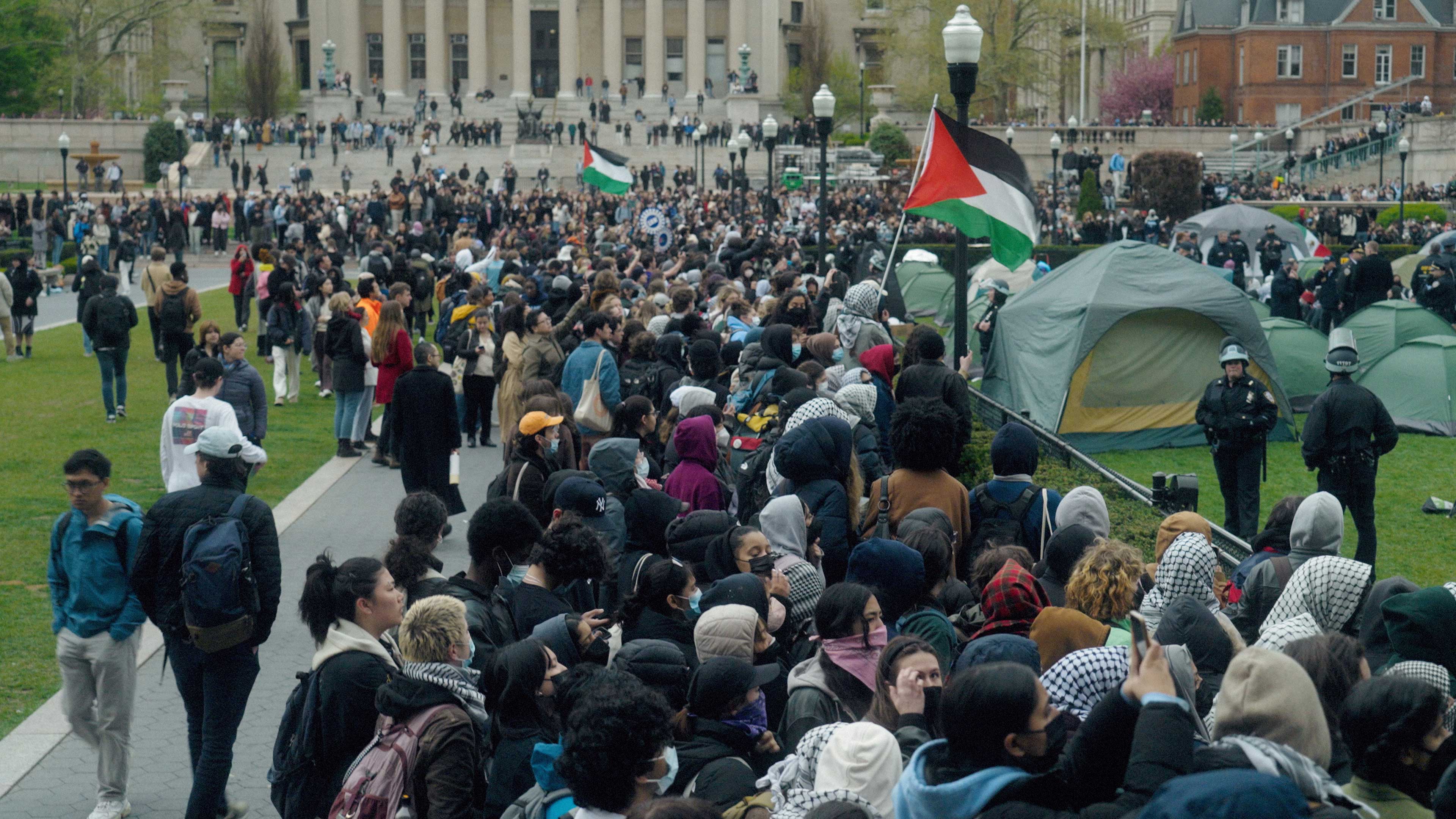 Students gather at a Palestine solidarity encampment featured in The Encampments, part of the Cinema Politica Fall 2025 program.