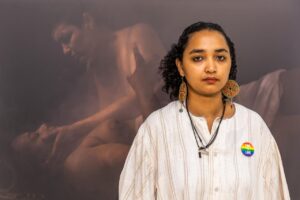 Portrait of Sabren director Eythar Gubar — filmmaker behind the documentary on Sudan’s 2021 protest movements following the military coup.